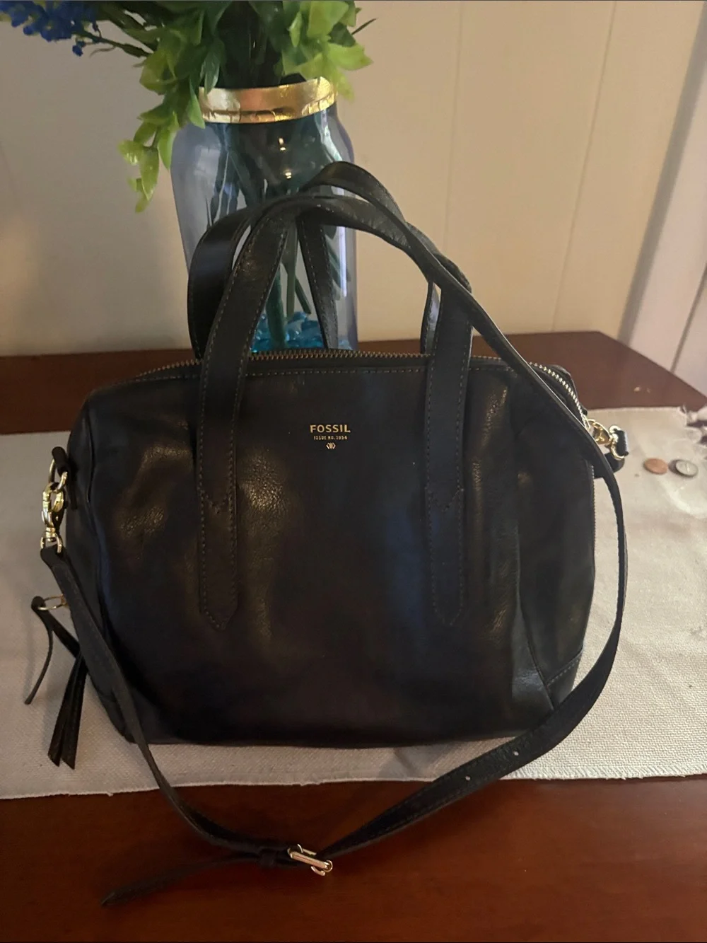 Fossil Black Leather Dome Satchel with Gold Hardware